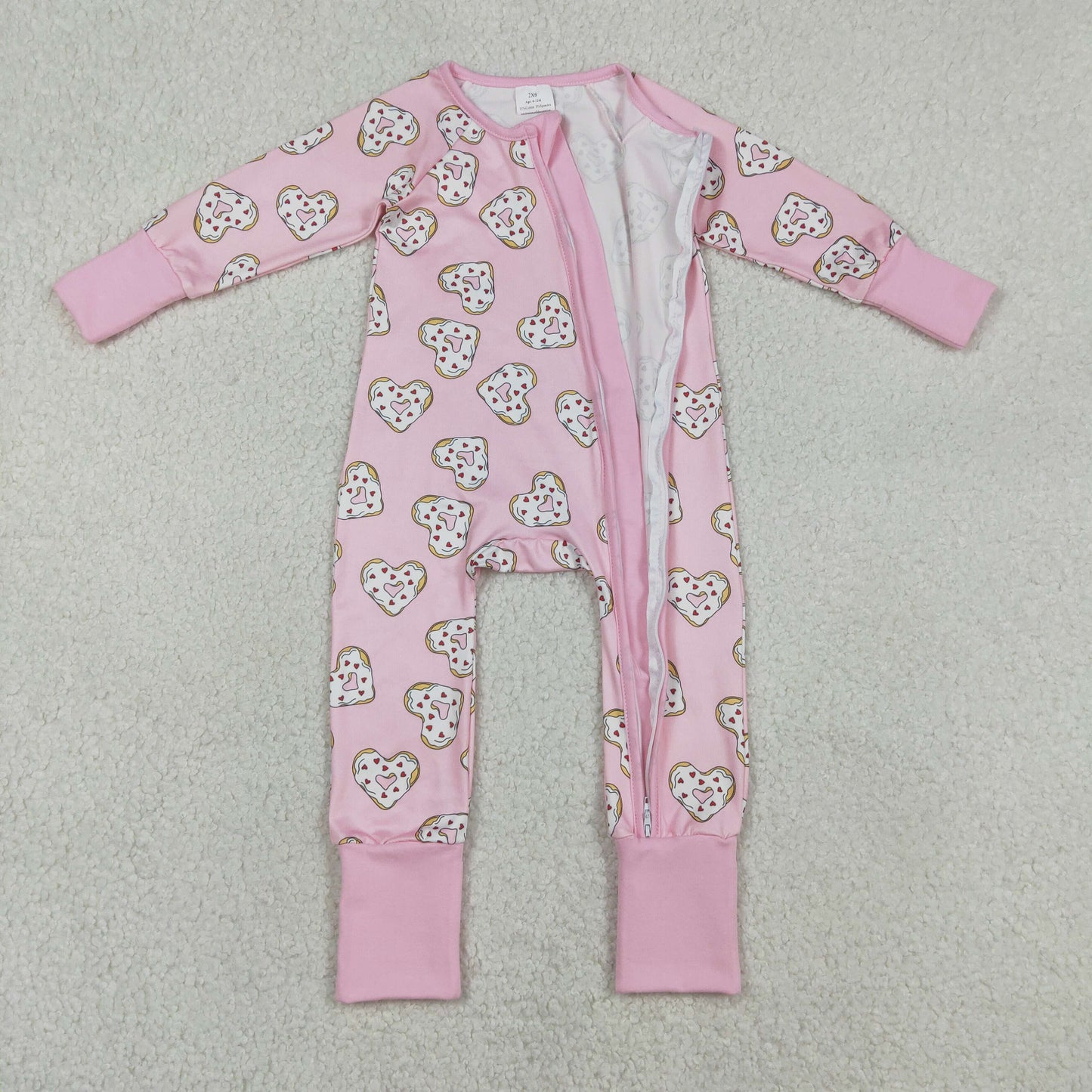 RTS NO MOQ（In Stock ) Pink Zippered Bodysuit with Heart-Shaped Donut Design