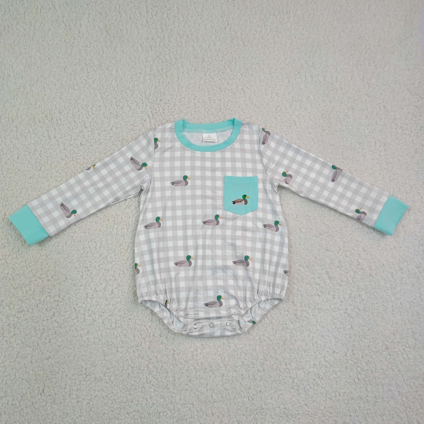 RTS NO MOQ milk silk LR3000 Embroidery Duck Pocket Baby Boys Long Sleeve Checked Hunting Rompers