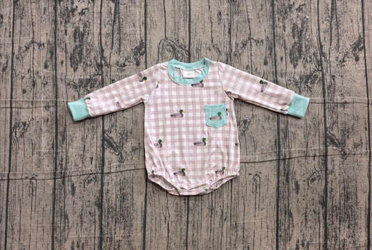 (Sample) No moq LR3000 Embroidery Baby Boys Duck Pocket Long Sleeve Checked Plaid Hunting Rompers
