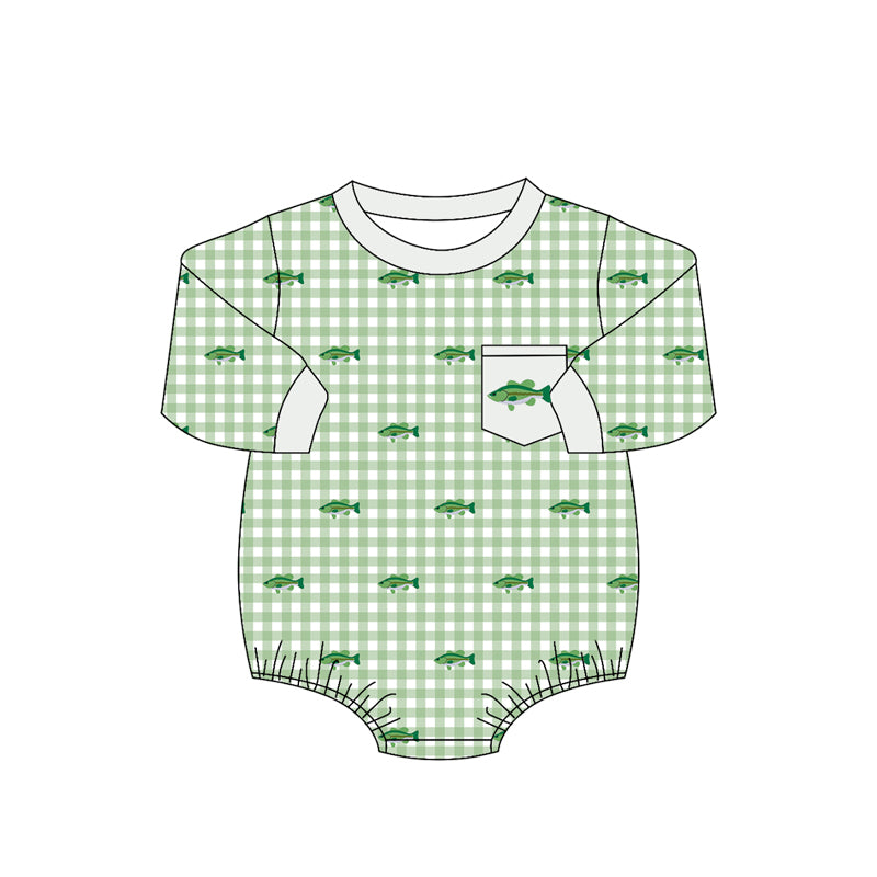 (Pre Order) No moq LR3001 Baby Boys Cute Fish Print Pocket Long Sleeve Plaid Checked Hunting Rompers