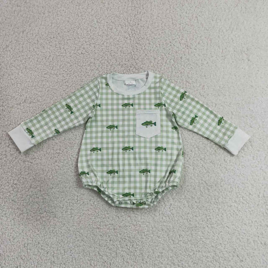 RTS NO MOQ milk silk LR3001 Baby Boys Fish Print Pocket Long Sleeve Plaid Checked Hunting Rompers