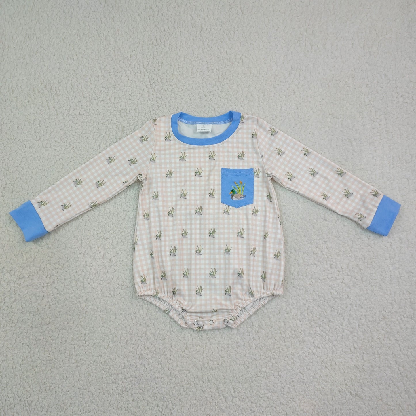 RTS NO MOQ milk silk LR3002 Embroidery Duck Pocket Baby Boys Long Sleeve Checked Hunting Rompers