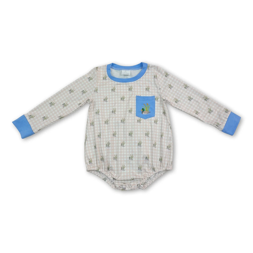 RTS NO MOQ Sibling milk silk Embroidery Duck Pocket Baby Boys Long Sleeve Checked Rompers