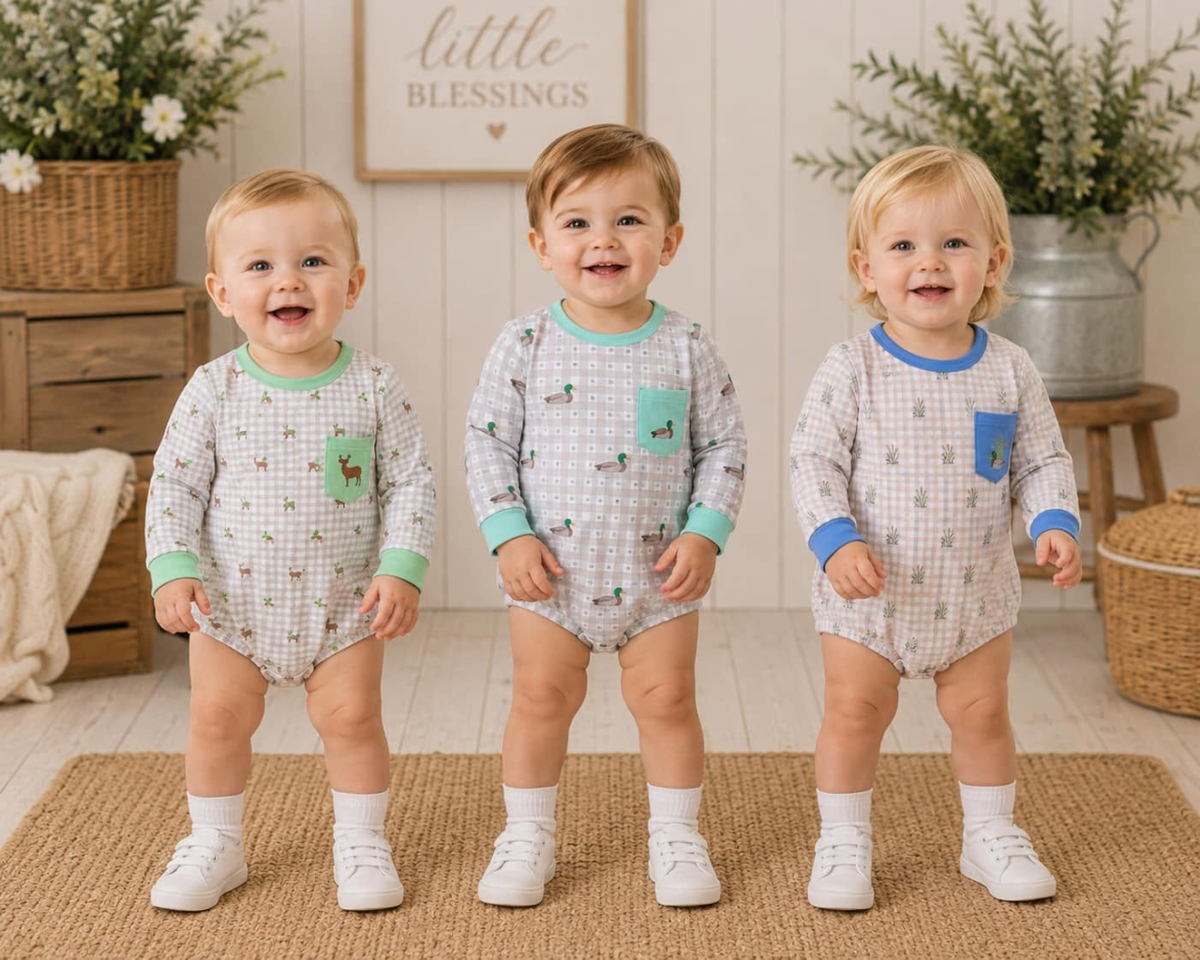 RTS NO MOQ Sibling milk silk Duck Pocket Baby Boys Long Sleeve Checked Hunting Rompers