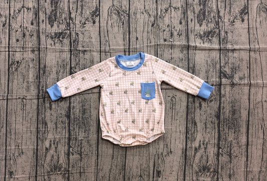 (Sample) No moq LR3002 Embroidery Baby Boys Duck Pocket Long Sleeve Plaid Check Hunting Rompers