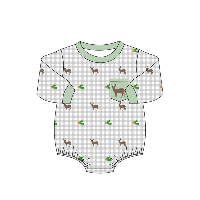 (Pre Order) No moq LR3003 Baby Boys Embroidery Deer Pocket Long Sleeve Checked Rompers