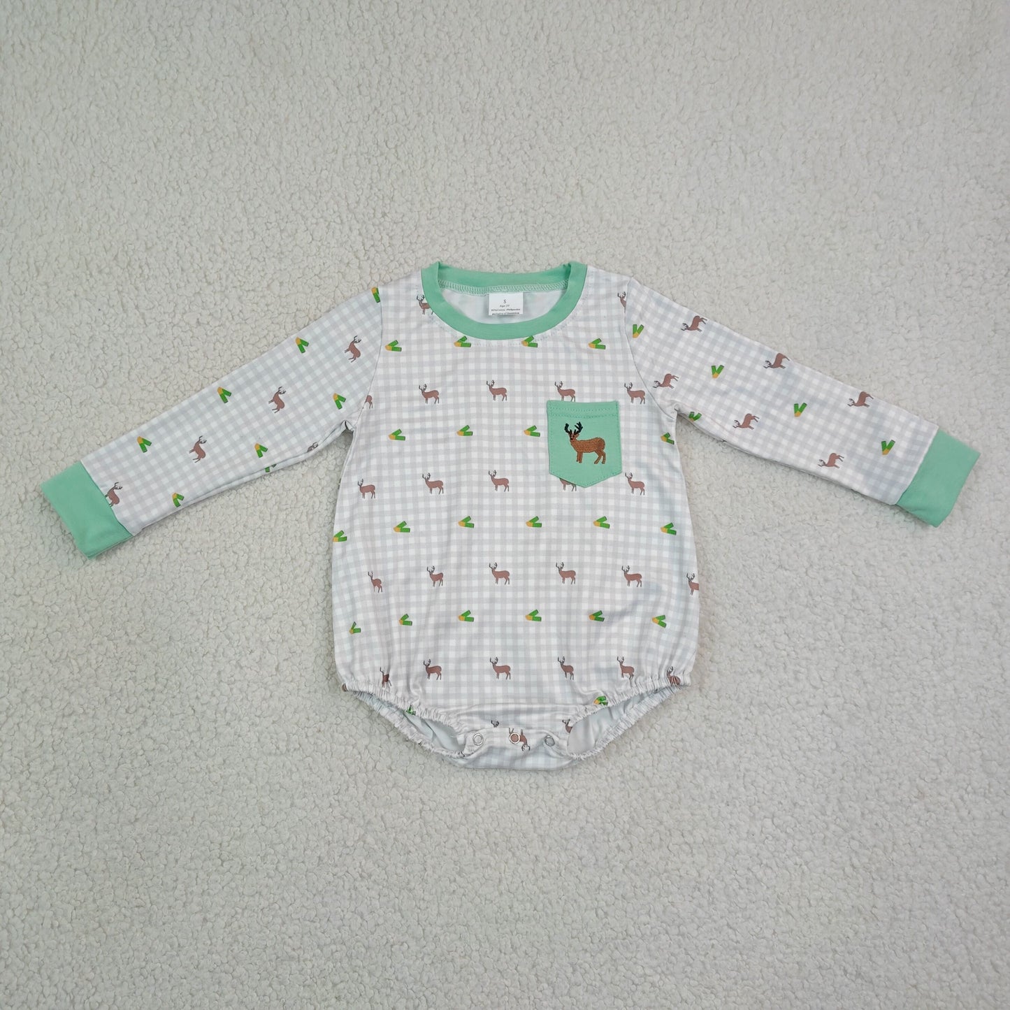 RTS NO MOQ milk silk LR3003 Embroidery Deer Pocket Baby Boys Long Sleeve Checked Hunting Rompers