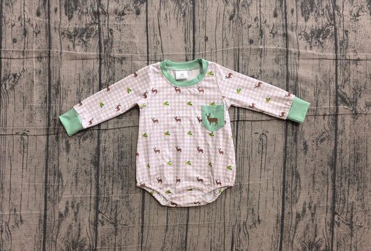 (Sample) No moq LR3003 Embroidery Baby Boys Deer Pocket Long Sleeve Checked Rompers