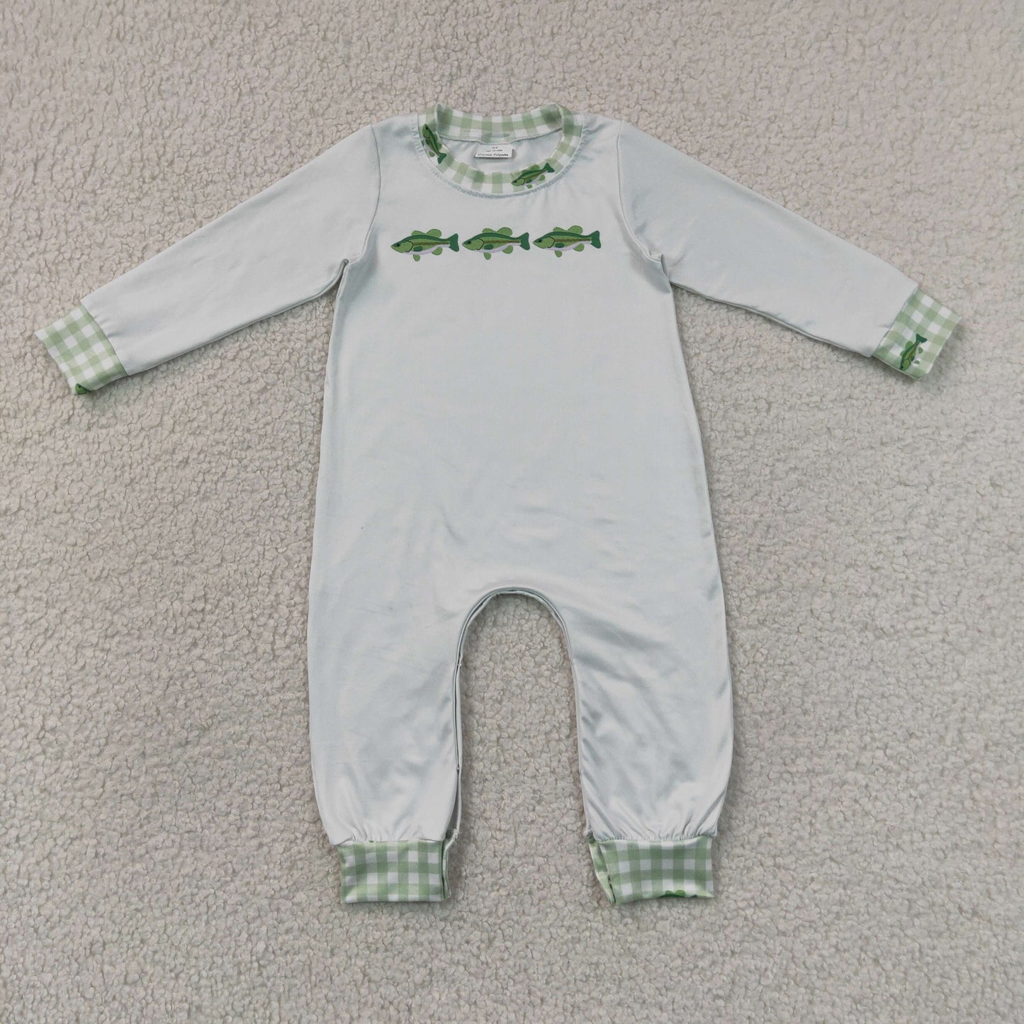 RTS NO MOQ milk silk LR3006 Baby Boys Fish Printed Long Sleeve Hunting Rompers