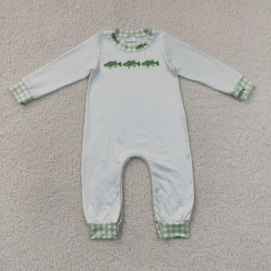 RTS NO MOQ milk silk LR3006 Baby Boys Fish Printed Long Sleeve Hunting Rompers