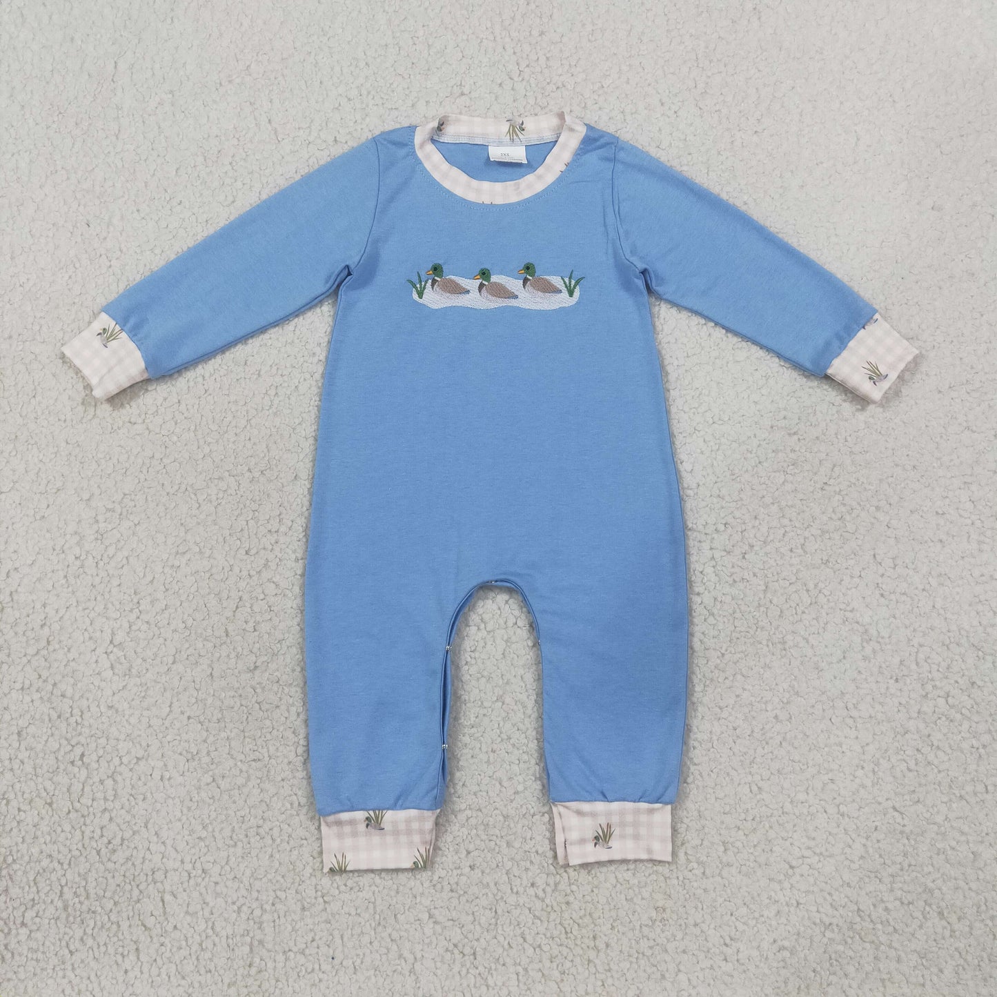 RTS NO MOQ milk silk  LR3007 Embroidery Ducks Baby Boys Long Sleeve Hunting Pant Rompers