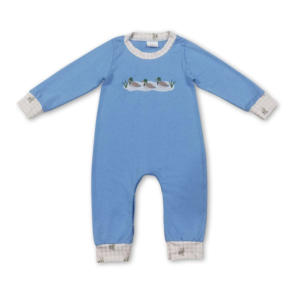 RTS NO MOQ Sibling milk silk Embroidery Duck Pocket Baby Boys Long Sleeve Checked Rompers