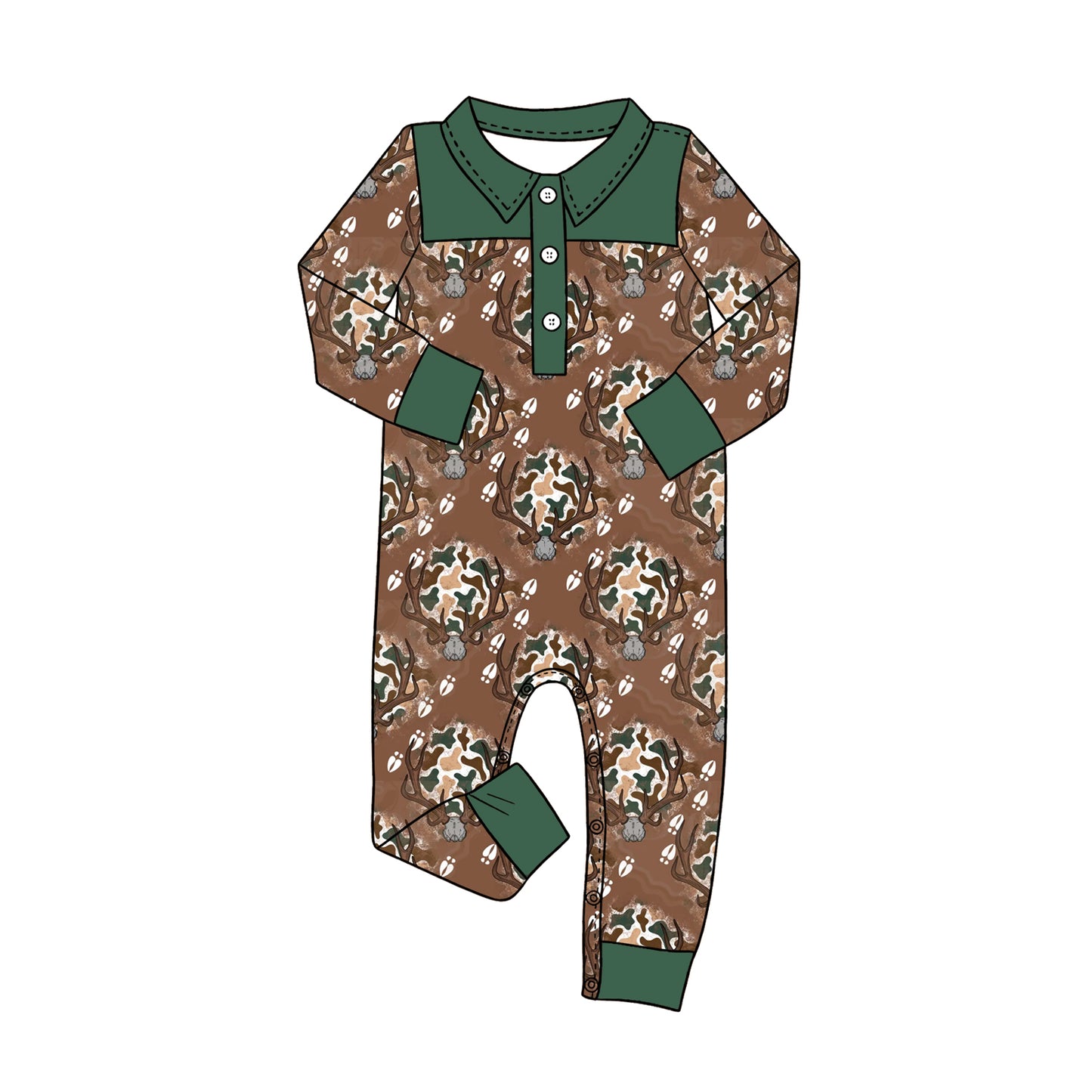 (Pre Order) No moq LR3013 Toddler Boys Hunting Camo Deer Long Sleeve Button Rompers