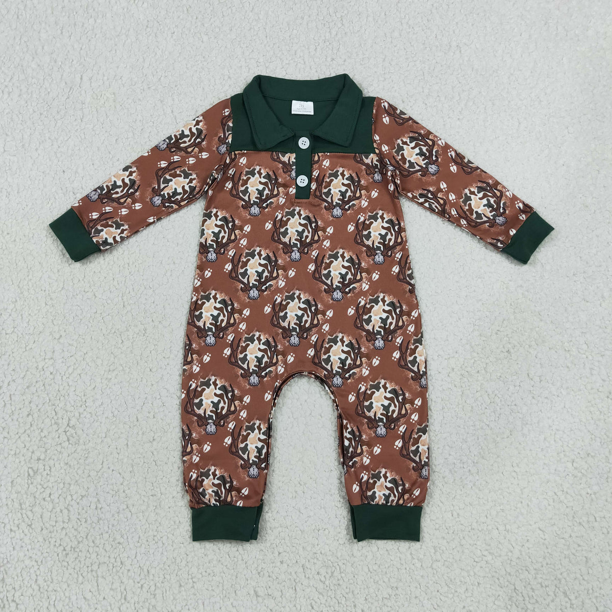 NEW RTS NO MOQ milk silk LR3013 Boys Hunting Camo Deer Long Sleeve Button Rompers