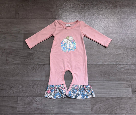 (Sample) No moq milk silk LR3021 Embroidery Baby Girls Floral Pumpkin Print Long Sleeve Ruffle Romper