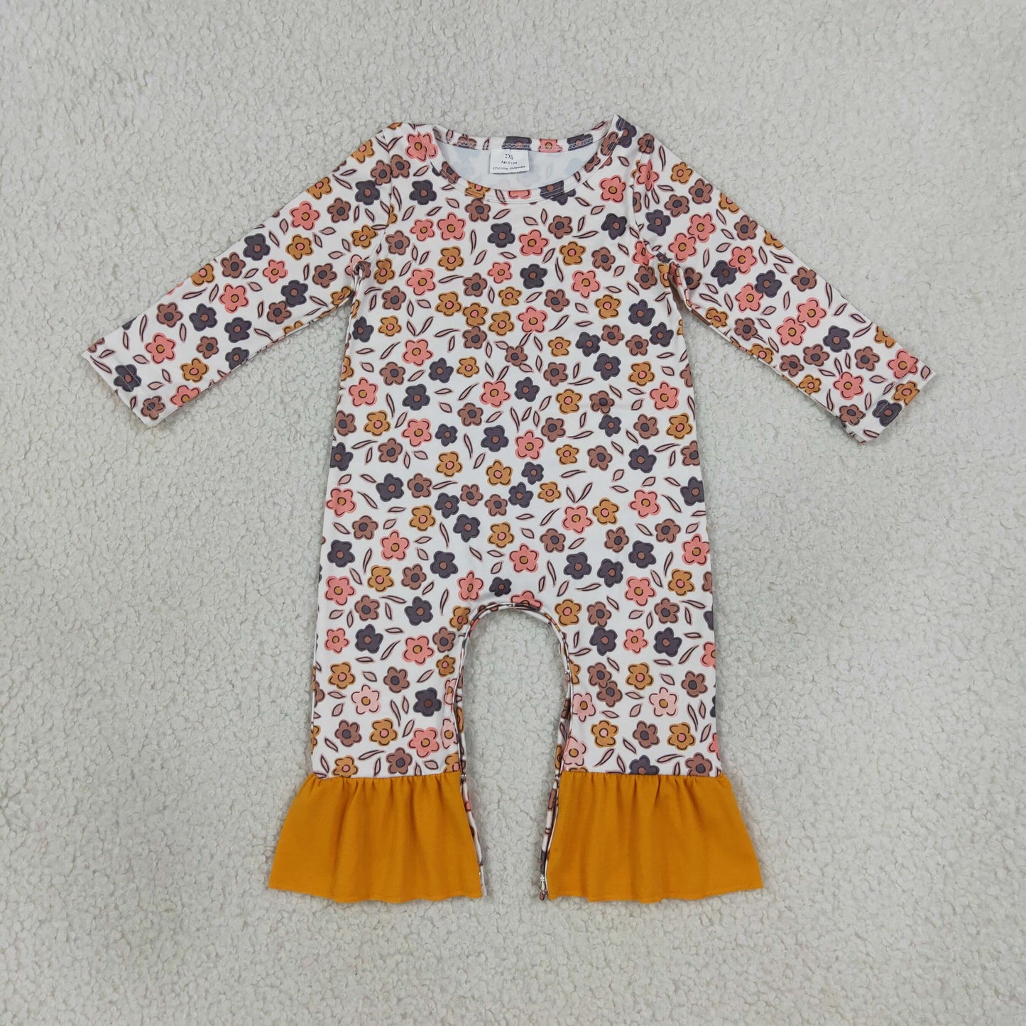 NEW RTS NO MOQ milk silk  LR3024 Baby Girls Colorful Flowers Cute Long Sleeve Ruffle Rompers