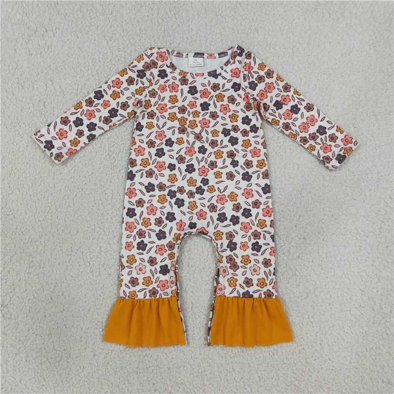RTS NO MOQ Sibling milk silk Baby Girls Long Sleeve Flowers Leaves Print Fall Ruffle Pant Rompers