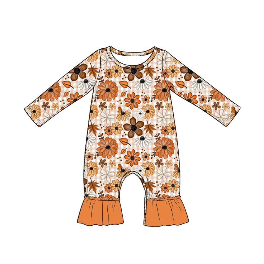 (Pre Order) No moq LR3025 Baby Girls Floral Leaf Long Sleeve Ruffle Rompers