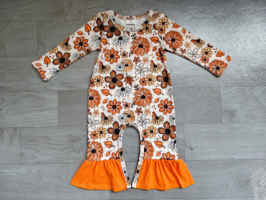 (Sample) No moq milk silk LR3025 Baby Girls Floral Leaf Long Sleeve Ruffle Rompers