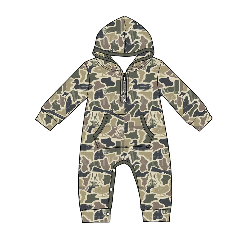 (Pre Order) No moq LR3029 Baby Boys Camo Ducks Hunting Zip Pocket Long Sleeve Rompers