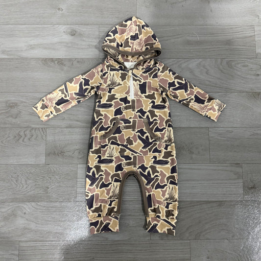 (Sample) No moq milk silk LR3029 Baby Boys Camo Ducks Hunting Zip Pocket Long Sleeve Rompers