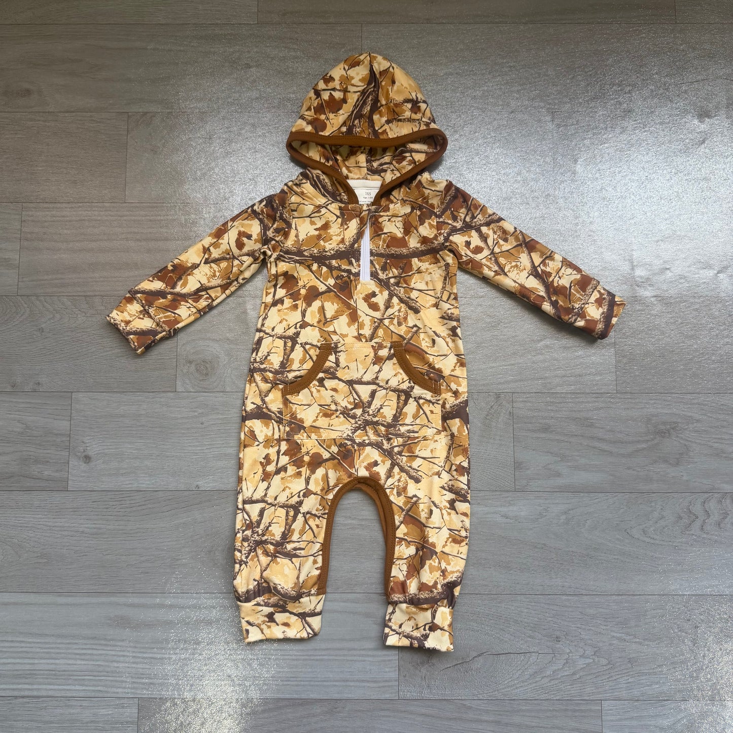 (Sample) No moq milk silk LR3033 Baby Boys Western Hunting Camo Fall Leaf Zip Pocket Long Sleeve Rompers