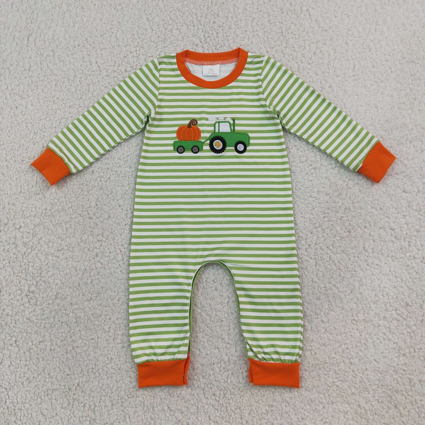 NEW RTS NO MOQ milk silk LR3036 Embroidery Baby Boys Farm Green Stripe Pumpkin Truck Long Sleeve Rompers