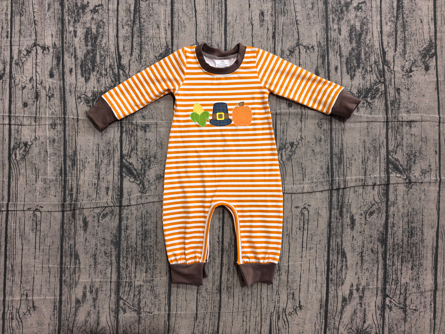 (Sample) No moq LR3037 Embroidery Baby Boys Orange Stripe Pumpkin Embroidery Long Sleeve Rompers