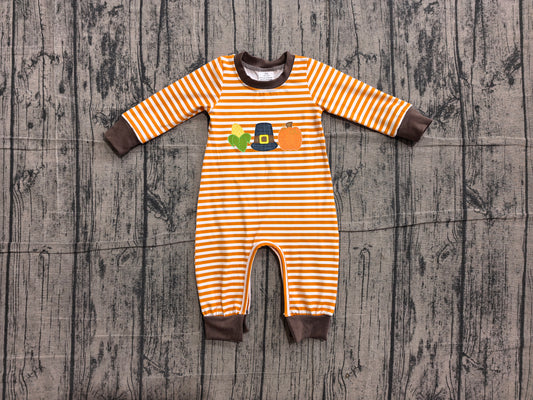 (Sample) No moq LR3037 Embroidery Baby Boys Orange Stripe Pumpkin Embroidery Long Sleeve Rompers