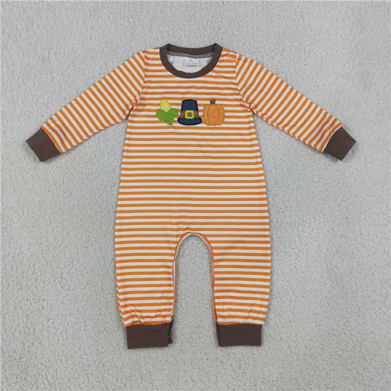 RTS NO MOQ Sibling milk silk Embroidery Pumpkin Baby Boys Orange Stripe Top Pant Fall Clothes Sets Rompers