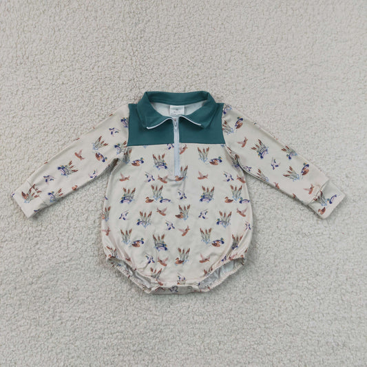 RTS NO MOQ milk silk LR3052 Baby Boys Hunting Duck Printed Long Sleeve Zipper Rompers