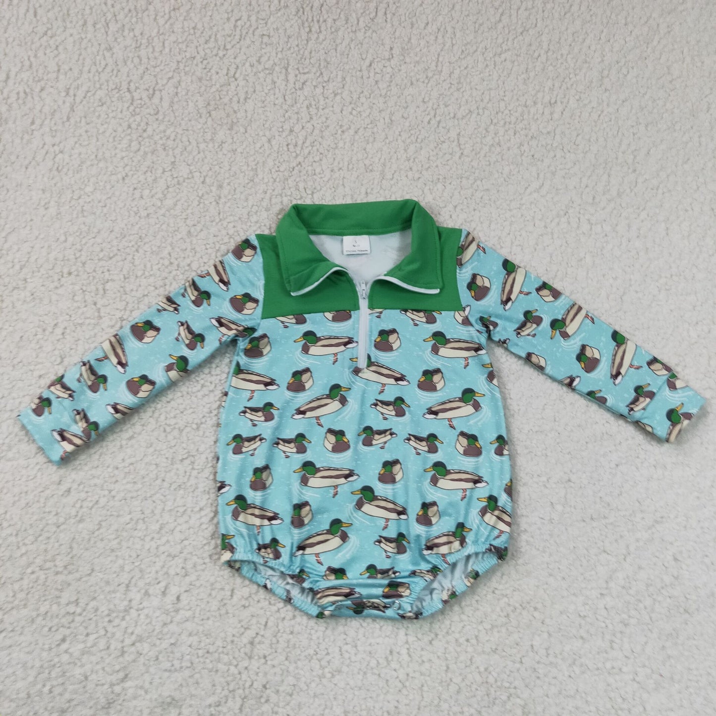 RTS NO MOQ milk silk LR3055 Baby Boys Green Duck Printed Long Sleeve Zipper Rompers