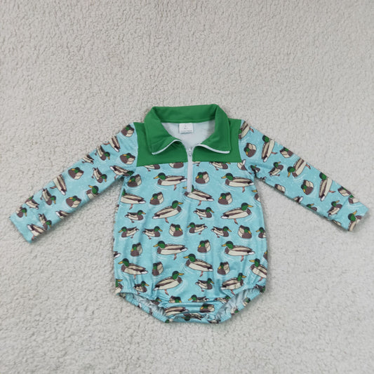 RTS NO MOQ milk silk LR3055 Baby Boys Green Duck Printed Long Sleeve Zipper Rompers