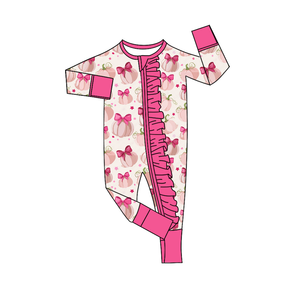 (Pre Order) No moq Baby Girls Long Sleeve Bows Pumpkins Print Two Way Ruffle Zip Rompers