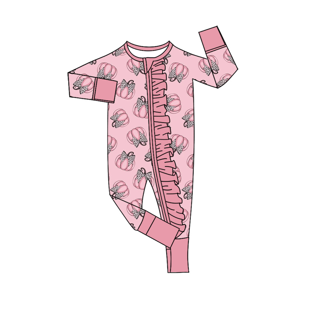 (Pre Order) No moq Baby Girls Long Sleeve Bows Pumpkins Print Two Way Ruffle Zip Rompers