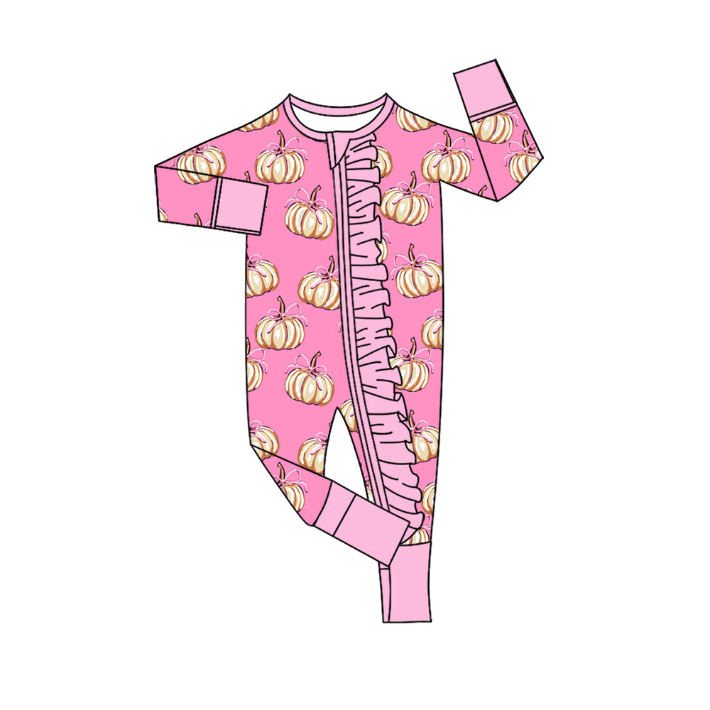 (Pre Order) No moq Baby Girls Long Sleeve Bows Pumpkins Print Two Way Ruffle Zip Rompers