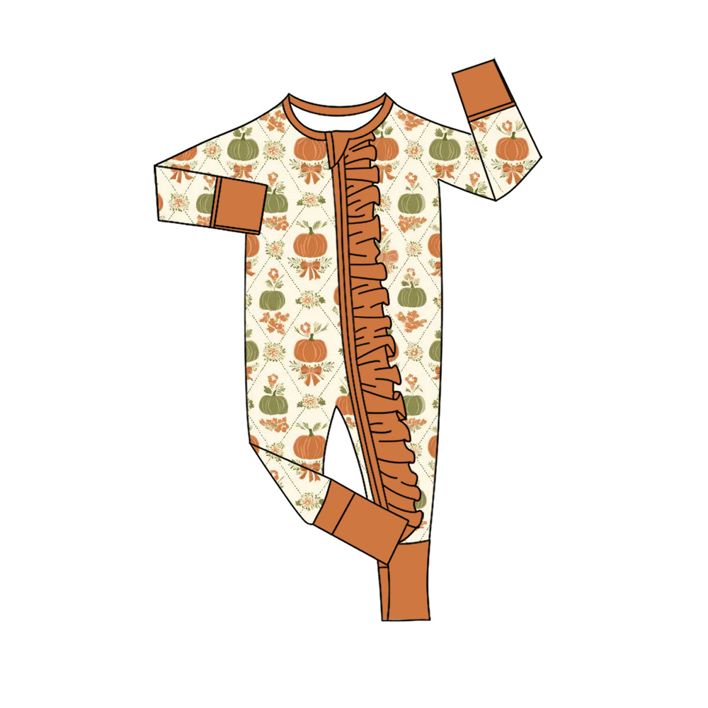 (Pre Order) No moq Baby Girls Long Sleeve Bows Pumpkins Print Two Way Ruffle Zip Rompers