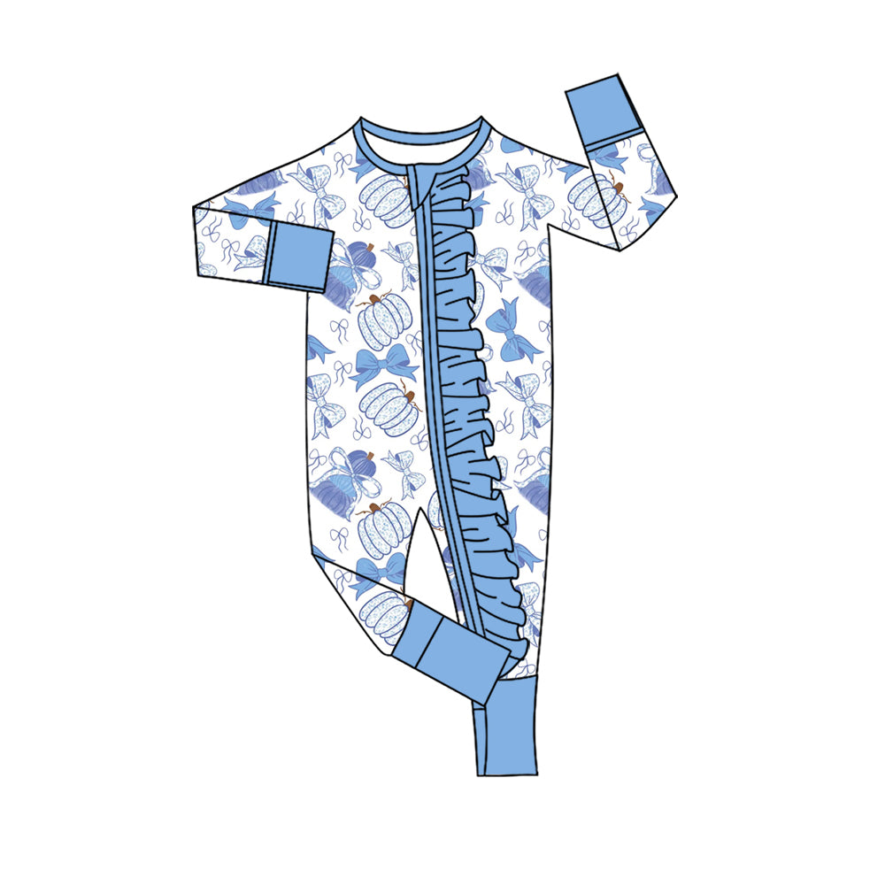 (Pre Order) No moq Baby Girls Long Sleeve Bows Pumpkins Print Two Way Ruffle Zip Rompers