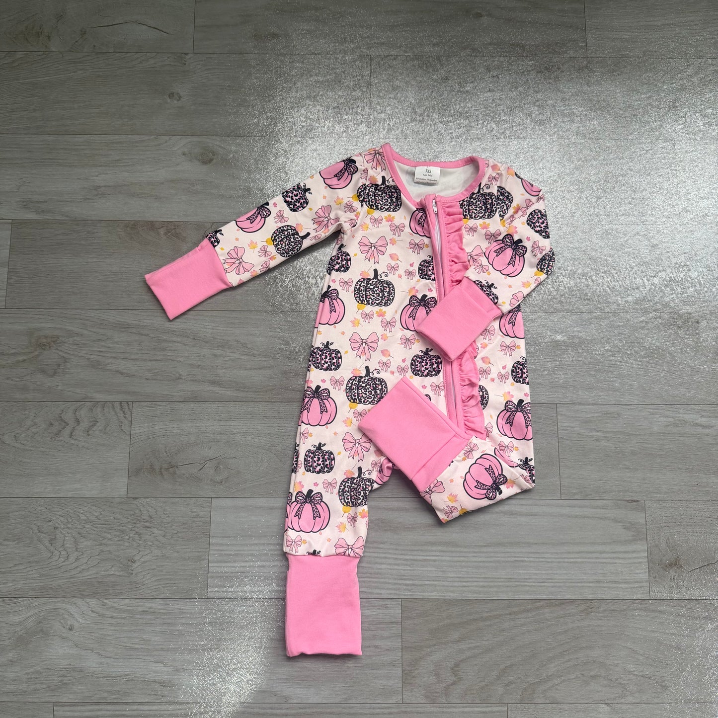 (Sample) No moq milk silk LR3061 Baby Girls Pink Bow Leopard Pumpkin Print Long Sleeve Zip Ruffle Romper