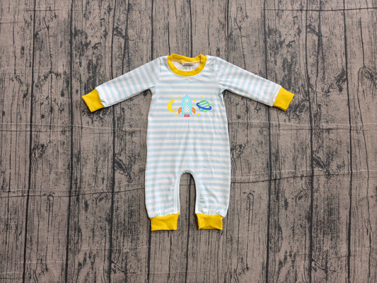 (Sample) No moq LR3062 Embroidery Baby Boys Blue Stripe With Rocket Moon Embroidery Long Sleeve Rompers