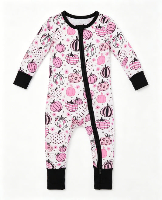 (Pre Order) No moq LR3064 Baby Girls Fall Long Sleeve Flowers Pumpkins Zip Convertible Rompers