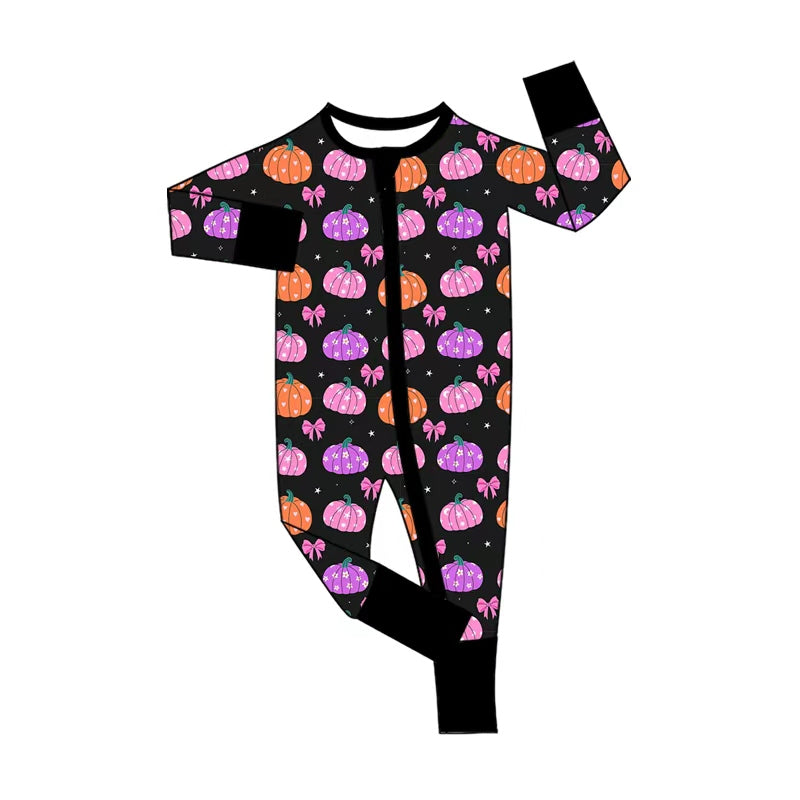 (Pre Order) No moq Baby Girls Cute Pink Bow Pumpkin Two Way Zip Rompers