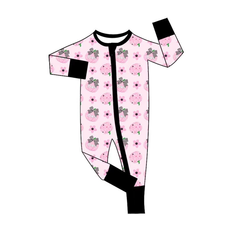 (Pre Order) No moq Baby Girls Cute Pink Bow Pumpkin Two Way Zip Rompers