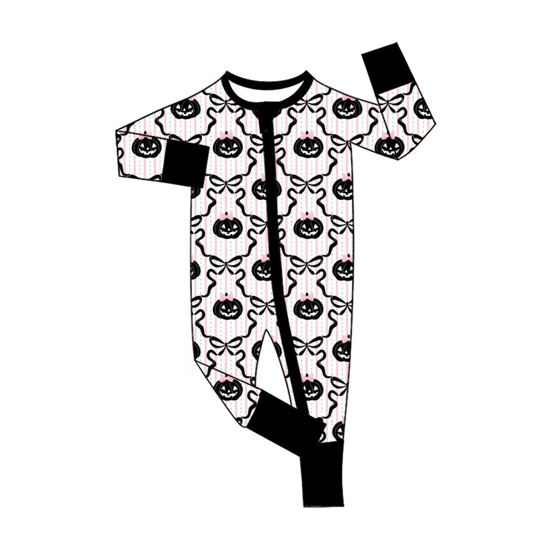 (Pre Order) No moq Baby Girls Cute Pink Bow Pumpkin Two Way Zip Rompers