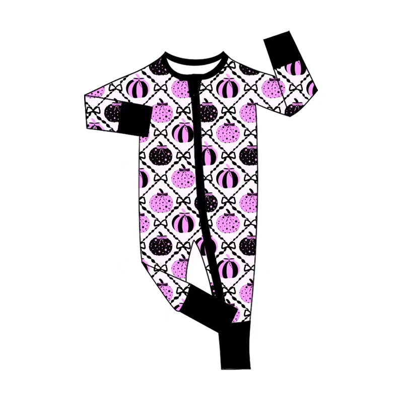 (Pre Order) No moq Baby Girls Cute Pink Bow Pumpkin Two Way Zip Rompers
