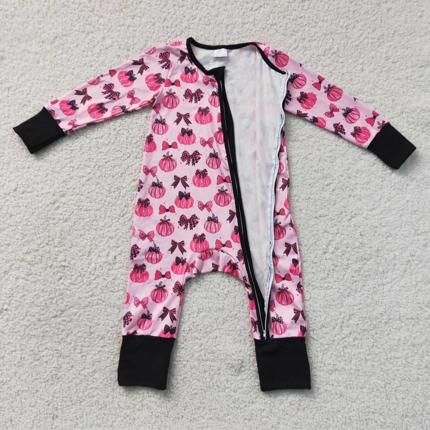 RTS NO MOQ milk silk LR3069 Baby Girls Pink Bow Pumpkin Long Sleeve Two Way Zip Ruffle Convertible Rompers