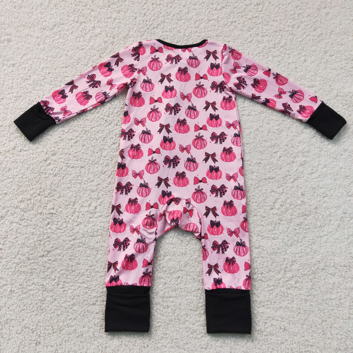 RTS NO MOQ milk silk LR3069 Baby Girls Pink Bow Pumpkin Long Sleeve Two Way Zip Ruffle Convertible Rompers