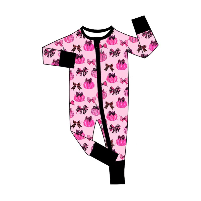(Pre Order) No moq Baby Girls Cute Pink Bow Pumpkin Two Way Zip Rompers