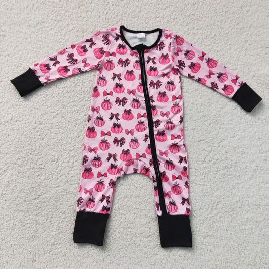 RTS NO MOQ milk silk LR3069 Baby Girls Pink Bow Pumpkin Long Sleeve Two Way Zip Ruffle Convertible Rompers