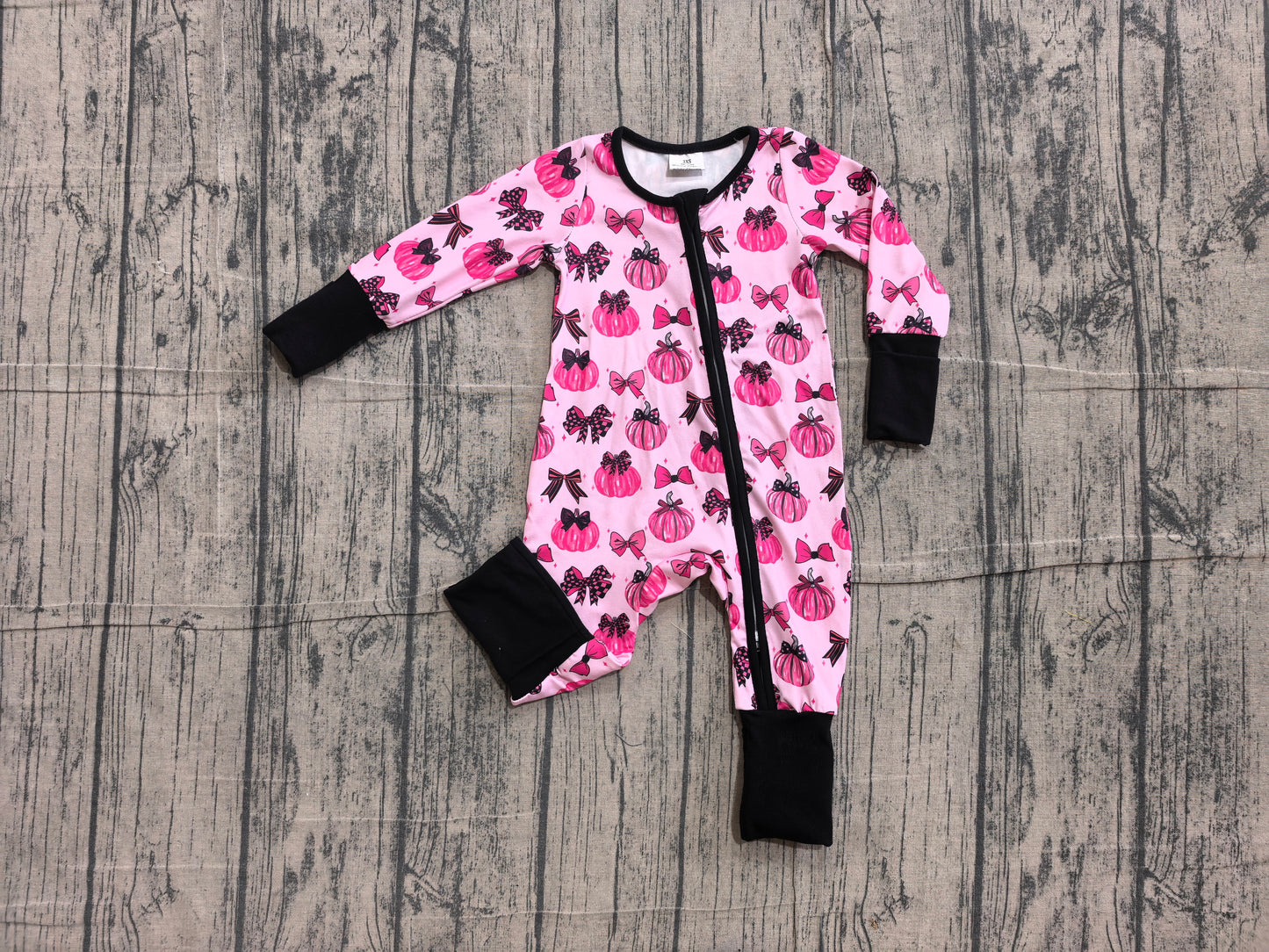 (Sample) No moq LR3069 Baby Girls Cute Pink Bow Pumpkin Long Sleeve Two Way Zip Ruffle Convertible Rompers
